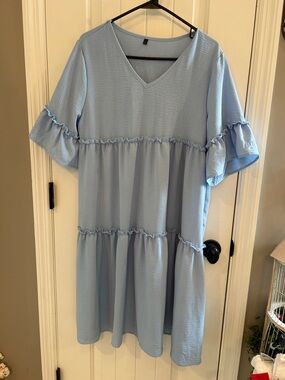 Light Blue classy adoreable Ruffle Tiered V-Neck Dress